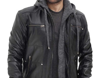 leather jacket with grey hood
