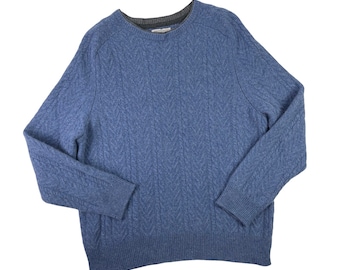 Wool Cashmere Sweater Cable Knit Crewneck Pullover Blue Double Collar Mens Medium / Small