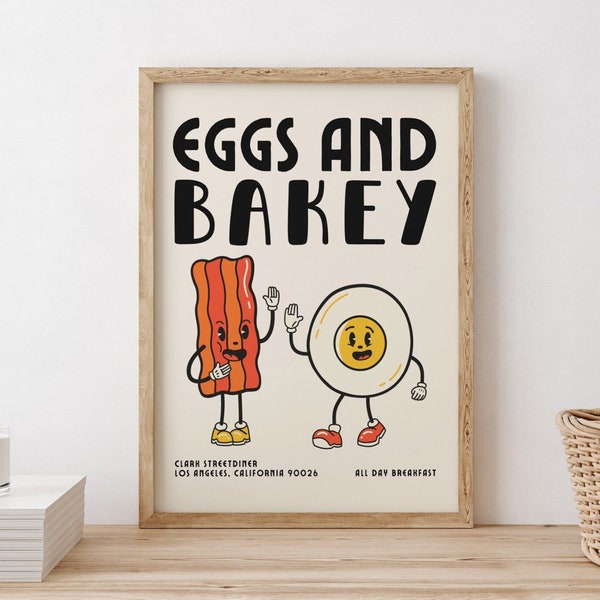 Eggs And Bacon Print, Food Print, Retro Kitchen Wall Decor, Downloadable Prints,Large Printable Art, Breakfast Eggs & Bacon Print