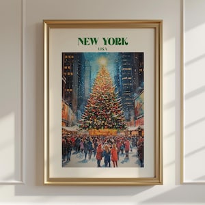 Poster acquerello di Natale a New York Rockefeller Plaza, decorazione murale di New York City, decorazione murale natalizia, regalo di Natale, arredamento per la casa