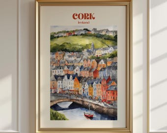 Plakat akwarelowy Cork Ireland, sztuka ścienna z widokiem na rzekę, plakat podróżniczy do Irlandii, prezent dla miłośnika sztuki, wystrój domu