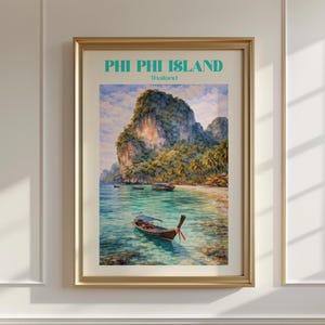 Plakat z akwarelą z wyspy Phi Phi, sztuka ścienna z podróży po Tajlandii, wydruk z Tajlandii, wystrój domu