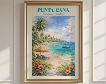 Póster de acuarela de Punta Cana, impresión de viaje a República Dominicana, arte mural de playa tropical, decoración costera para el hogar.