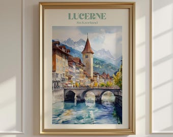 Poster acquerello di Lucerna, arte murale di viaggio in Svizzera, arte murale di paesaggi svizzeri, regalo per gli amanti dell'arte, arredamento per la casa