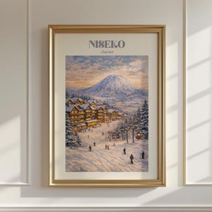 Póster de acuarela de Niseko, Japón, arte mural de la estación de esquí de Hokkaido, arte mural de viaje al monte Yotei, impresión de snowboard, regalo de esquí