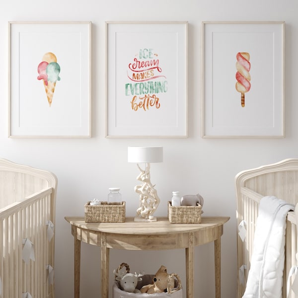 Ice Cream Wall Art, Set of 3, Nursery Print, Pastel Colors, Nursery Wall Art, Aquarell Wall Art, Ice Cream Art Print