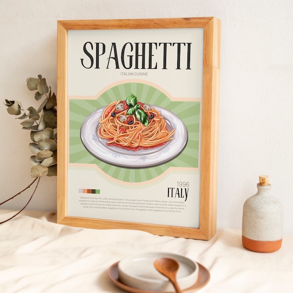 Spaghetti Poster, Food Poster, Italian Food Art, Housewarming Gift, Kitchen Decor, Italy, Chef Print, Pasta Print, Retro Wall Art