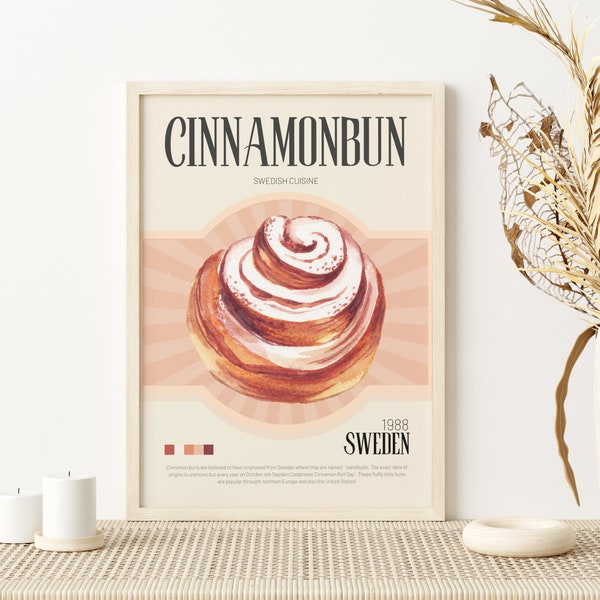 Retro Cinnamon Bun Poster, Food Print, Pop Art, Kitchen Art, Housewarming Poster, Large Downloadable Print, Exhibition Poster