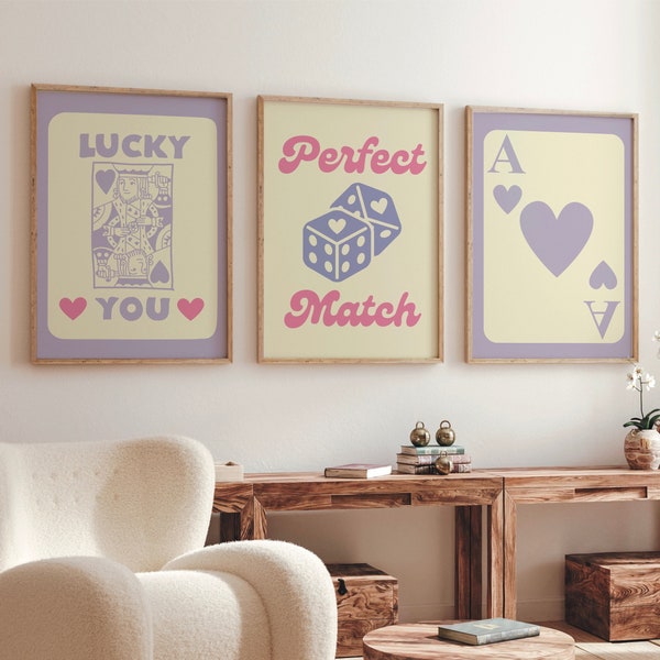 Trendy Retro Wall Art Set Of 3, Retro Trendy Aesthetic Print, Purple Ace Card Poster,  Lucky You Poster, Funky Art,  *DIGITAL DOWNLOAD*