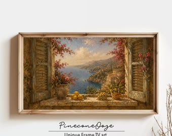 Cornice TV con vista mediterranea / Dipinto ad olio rustico della costa italiana / Download digitale