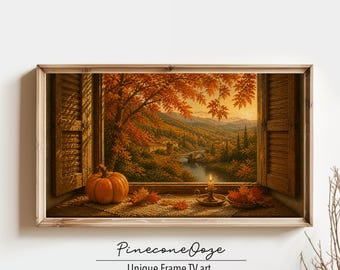 Cornice per TV con vista autunnale / Quadro con zucca accogliente / Download digitale