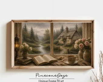 Rainy Cottage Window Frame TV Art | Cozy English Countryside Oil Painting | Digital Download