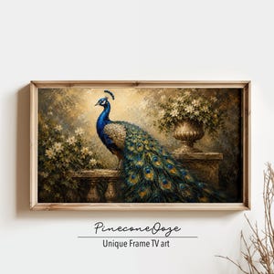 Marco de pavo real para TV / Pintura al óleo rústica de pavo real / Descarga digital