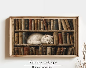 Cozy Library Cat Frame TV Art | Sleeping Cat Bookshelf Oil Painting | Digital Download
