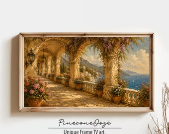 Amalfi Coast Terrace Frame TV Art | Mediterranean Villa Balcony Oil Painting | Digital Download