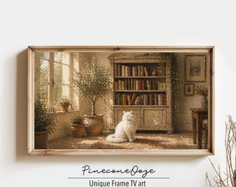 Cozy Cat Library Frame TV Art | Cozy Home Library Oil Painting | Digital Download