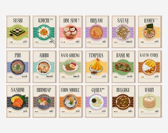 Food Art Print Set Of 18, Asian Food Wall Art, Eclectic Wall Art, Food Art Print, Kitchen Wall Art, Downloadable Art, Large Wall Art,