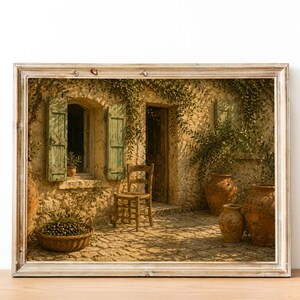 Pu&ograve; includere: Stampa incorniciata di una scena di cortile soleggiato. Un edificio in pietra con finestra e persiane, una sedia di legno e diversi vasi di terracotta sono visibili. Un cesto di olive &egrave; in primo piano. La scena &egrave; immersa nella luce calda.