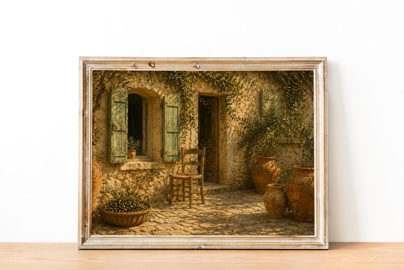 Pu&ograve; includere: Stampa incorniciata di una scena di cortile soleggiato. Un edificio in pietra con finestra e persiane, una sedia di legno e diversi vasi di terracotta sono visibili. Un cesto di olive &egrave; in primo piano. La scena &egrave; immersa nella luce calda.