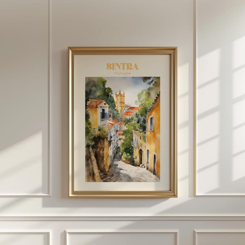 Plakat z akwarelą z Sintry, sztuka ścienna z podróży do Portugalii, wydruk z Sintry, wydruk artystyczny, wystrój domu zdjęcie 1