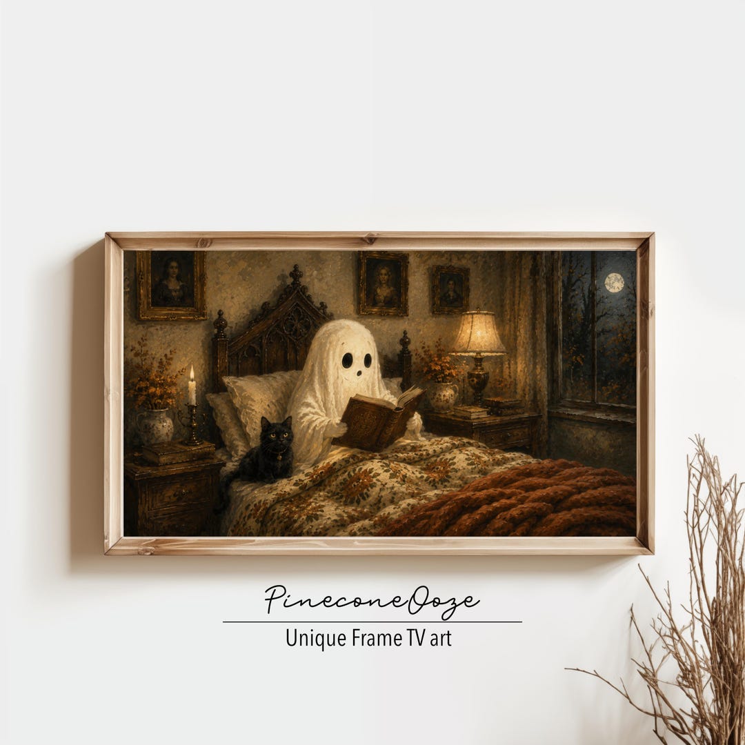 Cozy Ghost Reading in Bed Frame TV Art | Rustic Halloween Bedroom Oil ...
