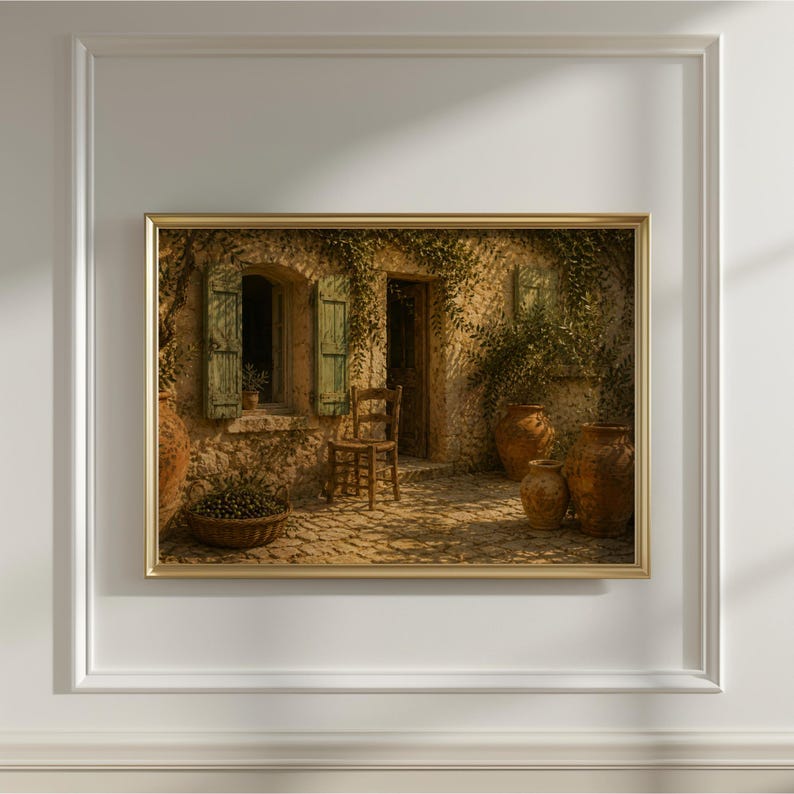 Pu&ograve; includere: Una stampa incorniciata raffigura un cortile italiano soleggiato. L'opera presenta un edificio in pietra con una sedia di legno, una finestra aperta con persiane verdi e vasi di terracotta. Un cesto di olive &egrave; in primo piano, evocando un'atmosfera mediterranea rustica.