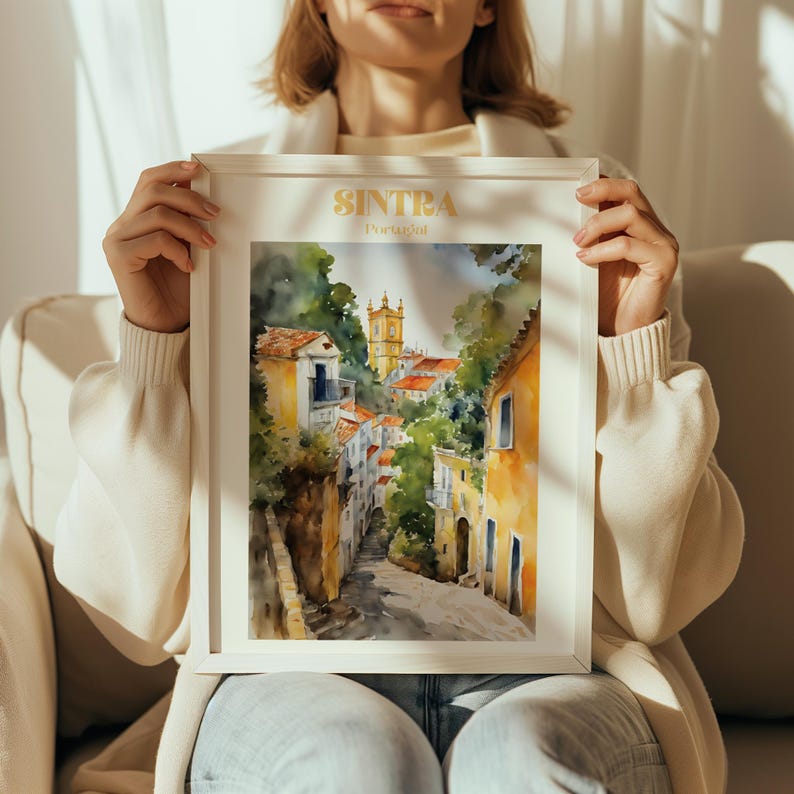 Plakat z akwarelą z Sintry, sztuka ścienna z podróży do Portugalii, wydruk z Sintry, wydruk artystyczny, wystrój domu zdjęcie 4