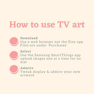 Pu&ograve; includere: Grafica beige chiaro con testo rosa che recita "Come usare l'arte TV". Le istruzioni includono il download di file, la selezione di immagini e l'ammirazione dell'opera d'arte. L'immagine &egrave; progettata per guidare gli utenti su come utilizzare l'arte TV.