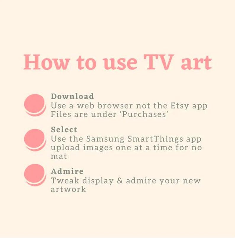 Pu&ograve; includere: Grafica beige chiaro con testo rosa che recita "Come usare l'arte TV". Le istruzioni includono il download di file, la selezione di immagini e l'ammirazione dell'opera d'arte. L'immagine &egrave; progettata per guidare gli utenti su come utilizzare l'arte TV.