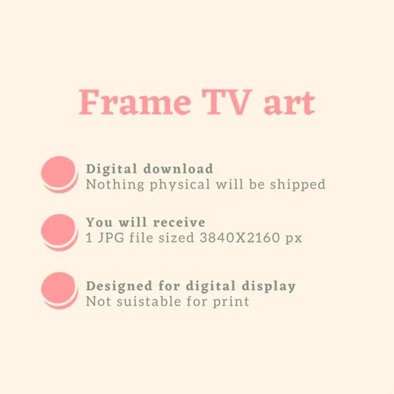 Pu&ograve; includere: Una stampa d'arte digitale per Frame TV, con il testo "Frame TV art" in rosa. L'immagine fornisce dettagli sul download digitale, tra cui le dimensioni del file e che &egrave; progettata per la visualizzazione digitale.