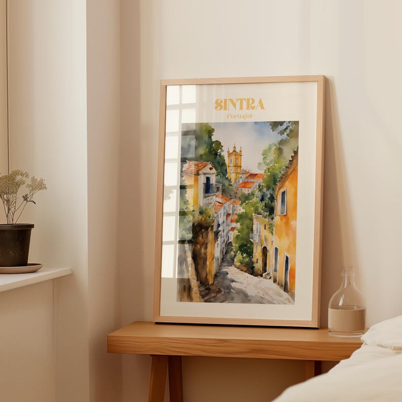 Plakat z akwarelą z Sintry, sztuka ścienna z podróży do Portugalii, wydruk z Sintry, wydruk artystyczny, wystrój domu zdjęcie 2