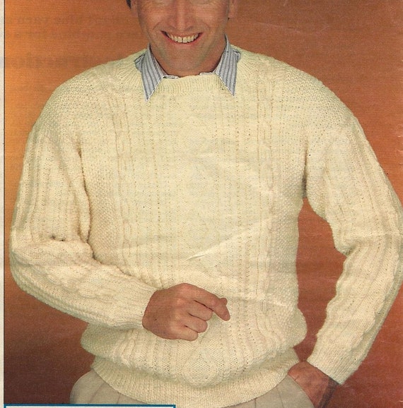 Men S Aran Jumper Knitting Pattern 10ply Aran Wool 1990 S Vintage