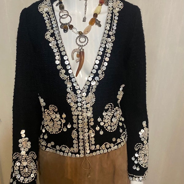 Daslu Vintage con cuentas y lentejuelas de nácar (nácar) bordado de lana Mohair cárdigan único - Chaqueta