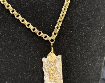 Hand crafted double Gold spirals on top of Jasper stone dual sided necklace