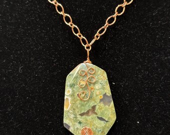 Rain forest Rhyolite agate stone dual sided hand wrapped copper loops necklace