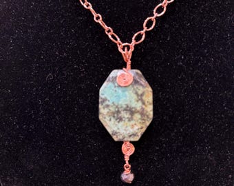 African Turquoise stone with hand wrapped copper wire loops necklace