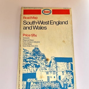 Vintage ESSO-wegenkaart - Zuidwest-Engeland en Wales - 1 inch: 5 mijl - schaal 1 316 800 - kaartnummer 3- verzamelobjecten - memorabilia - souvenir