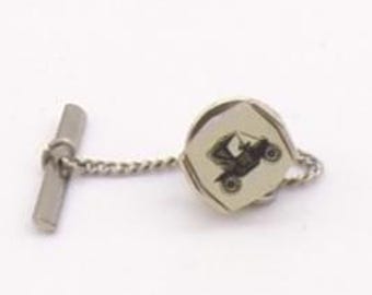 Silver-Tone Metal Tie Pin. White Enamel Panel With Vintage Car