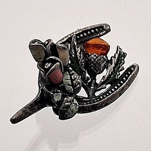 Scottish Thistle Brooch- Horseshoe- Enamel Flowers- Antique Silver Finish