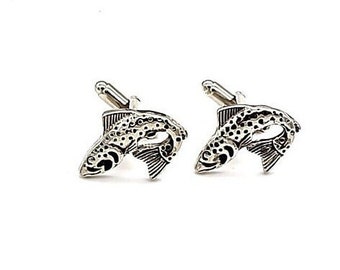 Fish Cufflinks Set- Jumping Salmon- Silver-Tone Metal Cufflinks- Fishing Cufflinks- Angling Cufflinks- Sporting Cufflinks