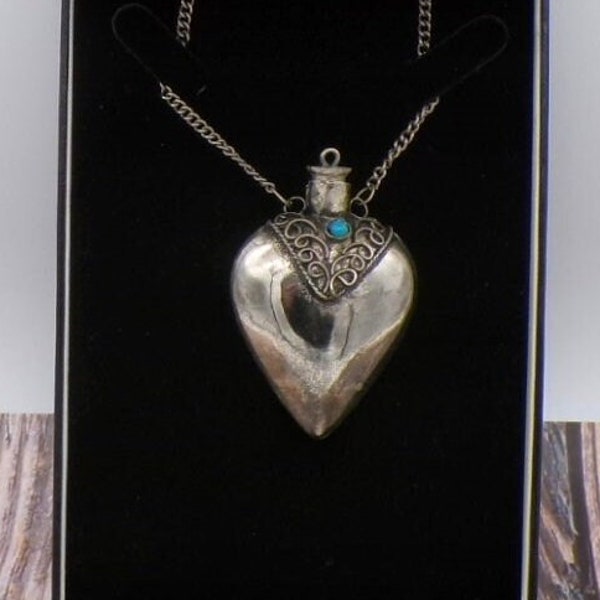 Silver Alloy Heart Perfume Bottle Pendant- Blue & Brown Stone Insert- Removable Perfume Wand Lid- 26 Inch Loop Chain Necklace- Eligius Gifts