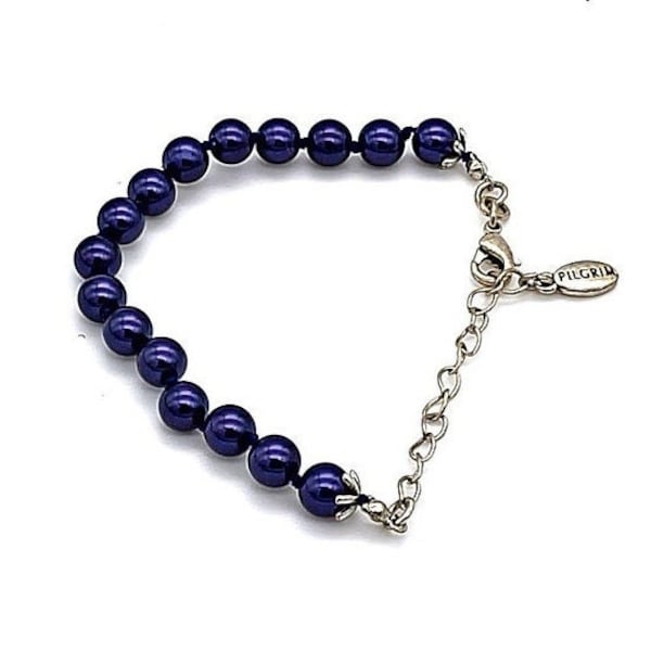 Danish Pilgrim Bracelet- Blue/Purple 8mm Faux Pearl Beads- Silver Metal Flower Bead Caps