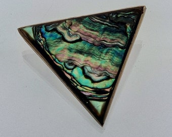 Vintage Triangular Mexican Alpaca Silver Brooch- Abalone And Alpaca Silver- Stamped On Rear