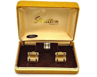 Stratton Diamond Cut Cufflink And Tie Pin Set-Brushed Gold-Tone Metal- Original Gift Box