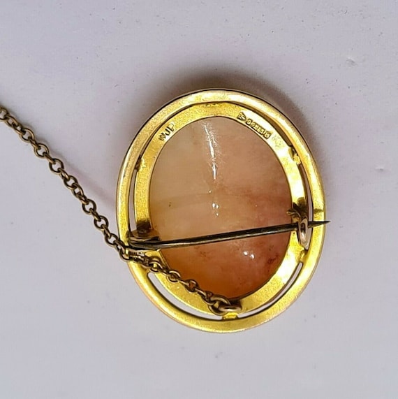 【アンティーク】9金刻印 シェルカメオブローチ英国製、逸品！ 最終価格、匿名発送 9カラットゴールド彫刻シェルカメオブローチ、安全チェーン付き