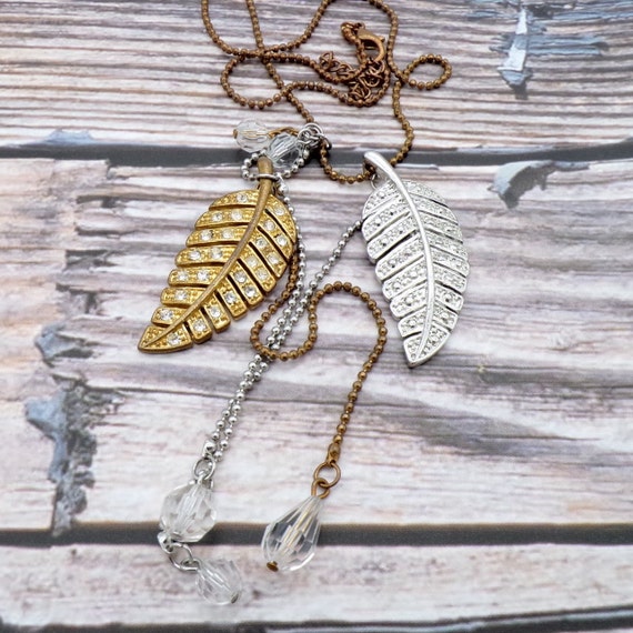 Bronze Gold and Silver Necklace 16 Inch Bronze Tone Ball Necklace Adjustable Two Metal Leaves Silver Leaf Gold Leaf Inset With Crystals Etsy Canada