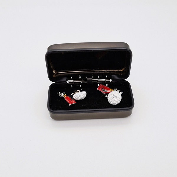 Golfer's Cufflinks-Enamel Golf Ball- Enamel Golf Club Caddy- Red And White Enamel Cufflinks- Original Metal Gift Box