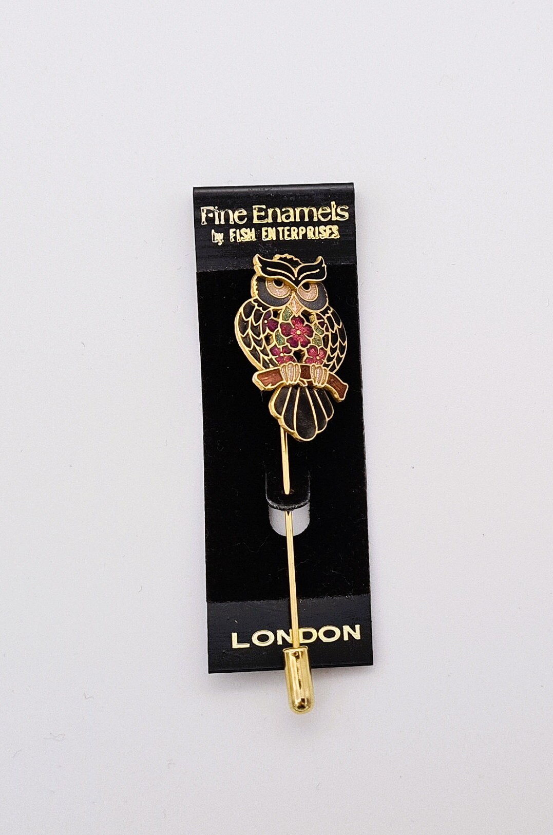 Enamel Owl Stick Pin &ndash; Gold Tone Brooch, Fish Enterprises London