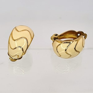 Clip-On Earrings- Gold Tone Metal With White Enamel