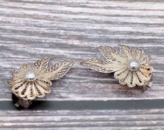 Vintage 925 Silver Filigree Flower Clip-on Earrings